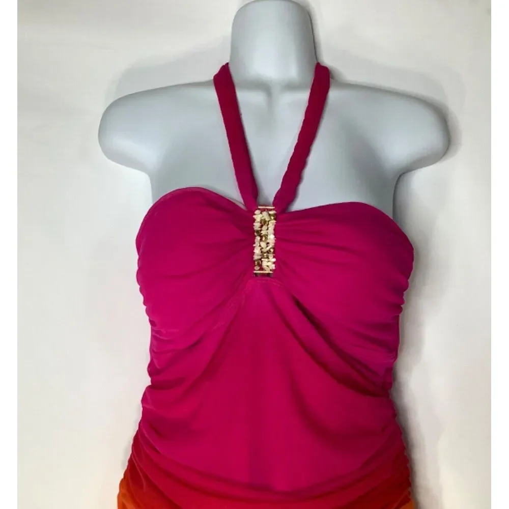 Ralph Lauren Swimsuit One‎ Piece Sz 12 Orange Pink Ruffle Halter Rhinestones